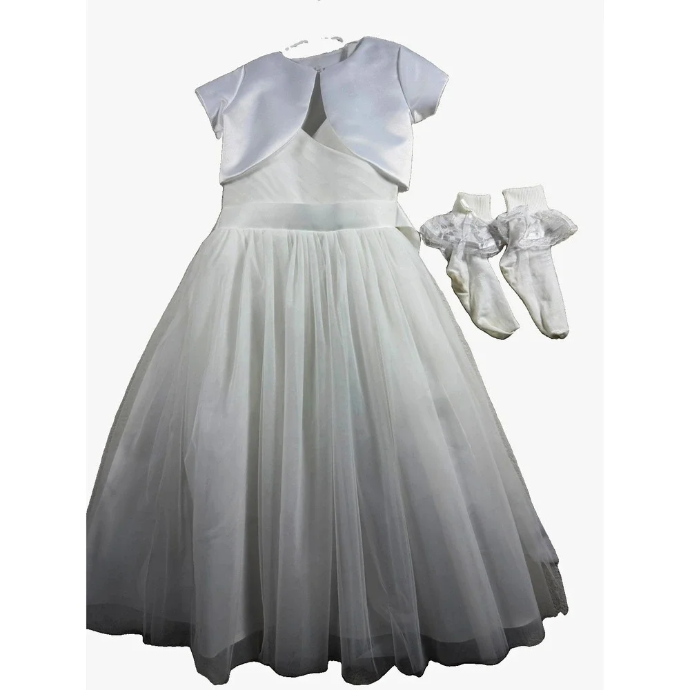 Girls White Tulle Formal Dress Size 130 8-9 Wedding Flower Girl Communion Socks